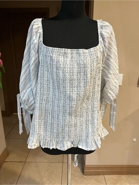 ANDREE BY UNIT Blue and White Striped Smocked Square-Neck Top